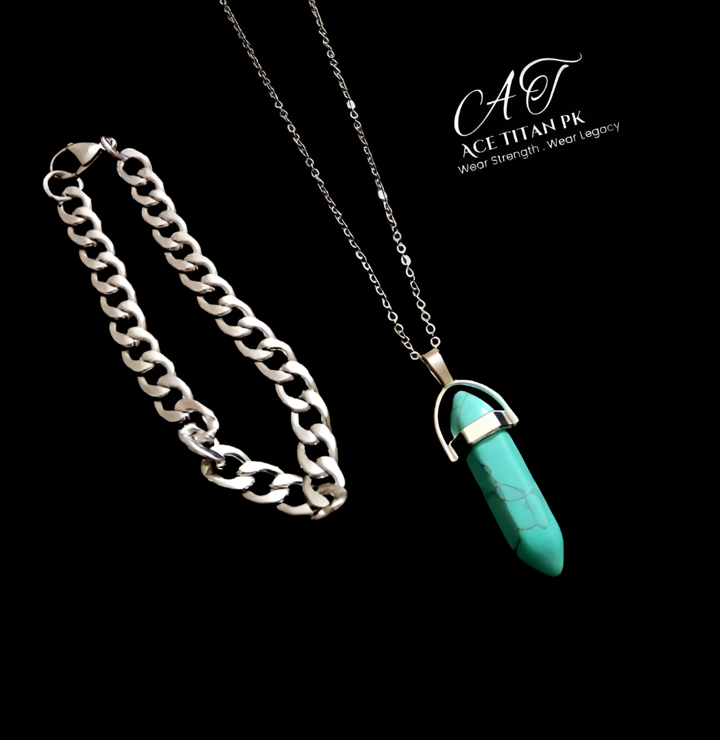 Men’s Power Chain & Turquoise Crystal Pendant Set – AceTitanPk